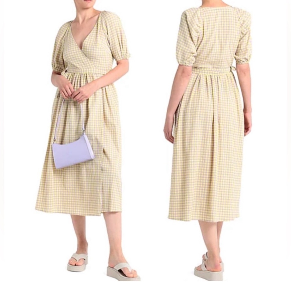 New Topshop Seersucker Check Short Sleeve Midi Wrap Dress Lime Lilac Size 2